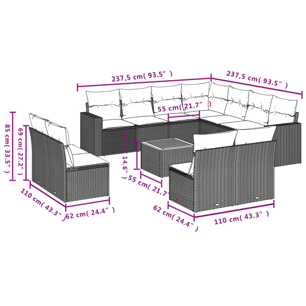 vidaXL 12-piece Lounge Set with Cushions Poly Rattan Black