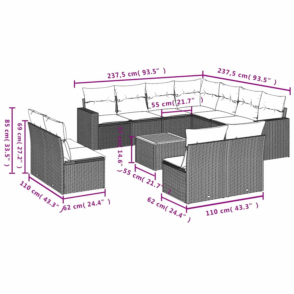 vidaXL 12-piece Lounge Set with Cushions Poly Rattan Grey