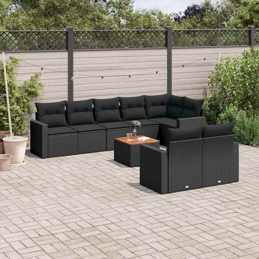 vidaXL 9-piece Poly Rattan Lounge Set with Cushions Black