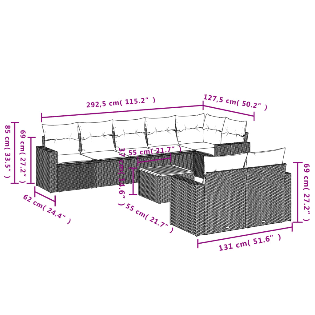 vidaXL 9-piece Poly Rattan Lounge Set with Cushions Black