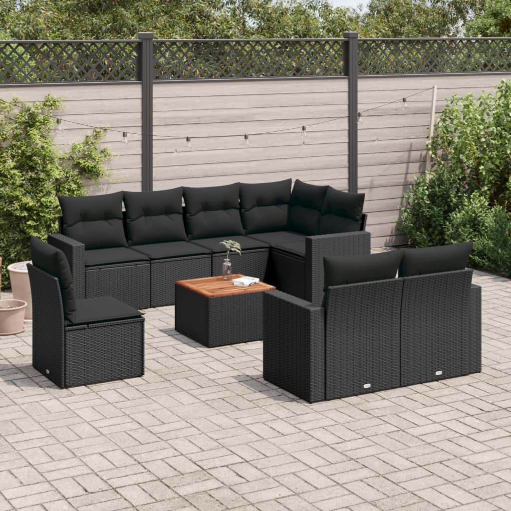 vidaXL 9-piece Poly Rattan Lounge Set with Cushions Black