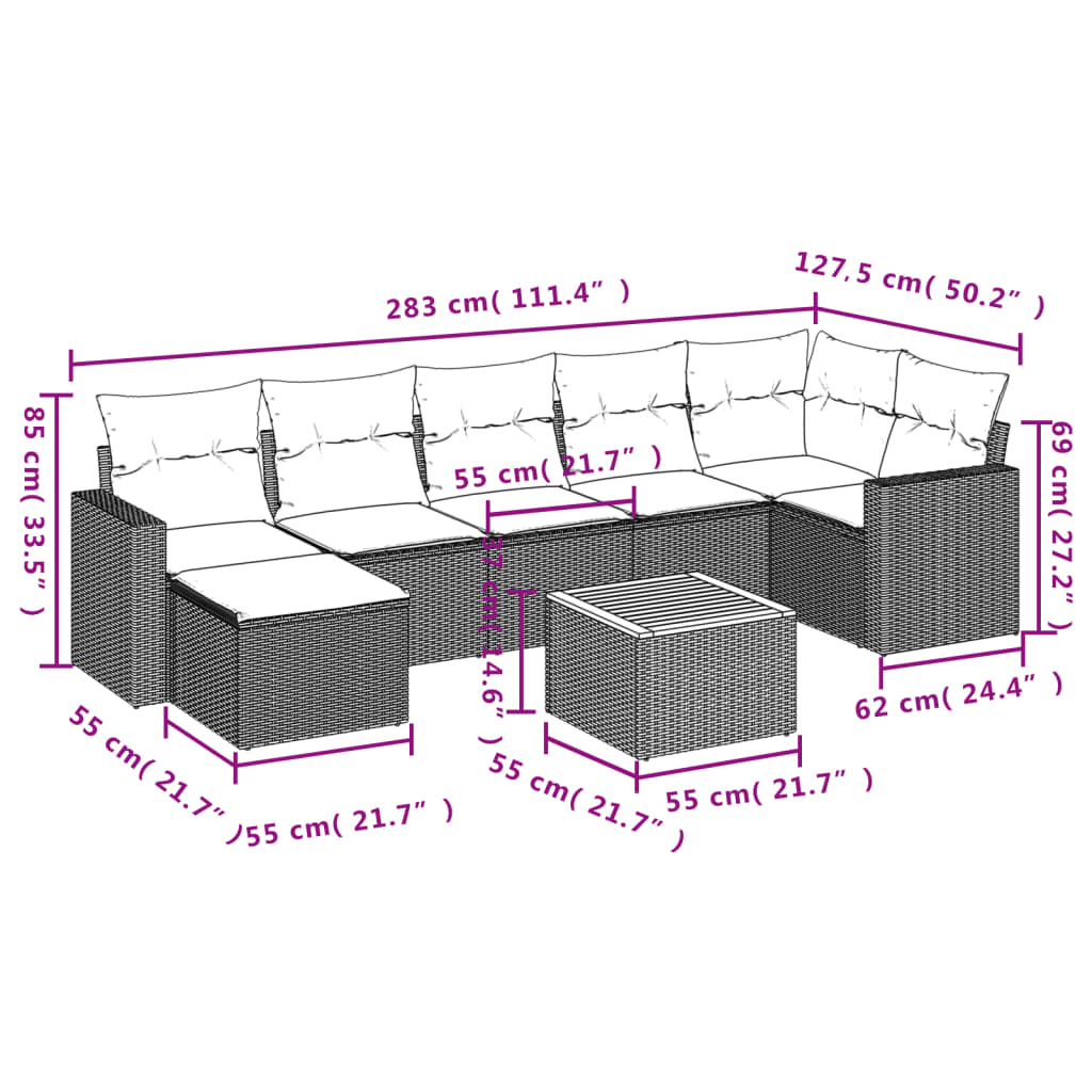 vidaXL 8-Piece Poly Rattan Lounge Set with Cushions Black