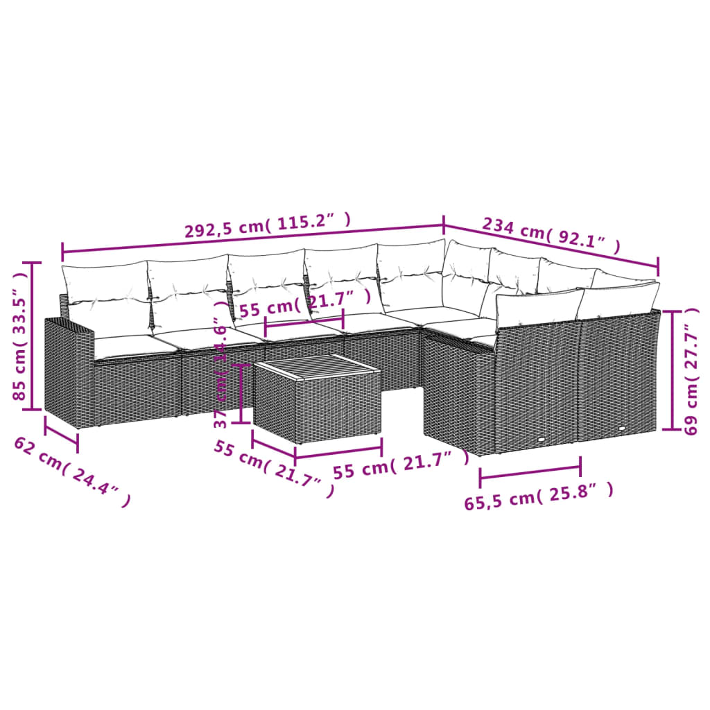 vidaXL 10-Piece Lounge Set with Cushions Poly Rattan Black