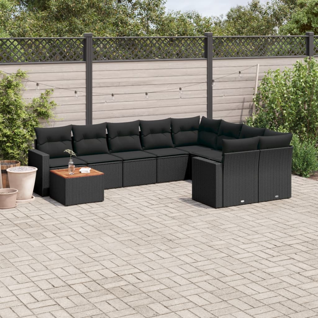 vidaXL 10-Piece Lounge Set with Cushions Poly Rattan Black