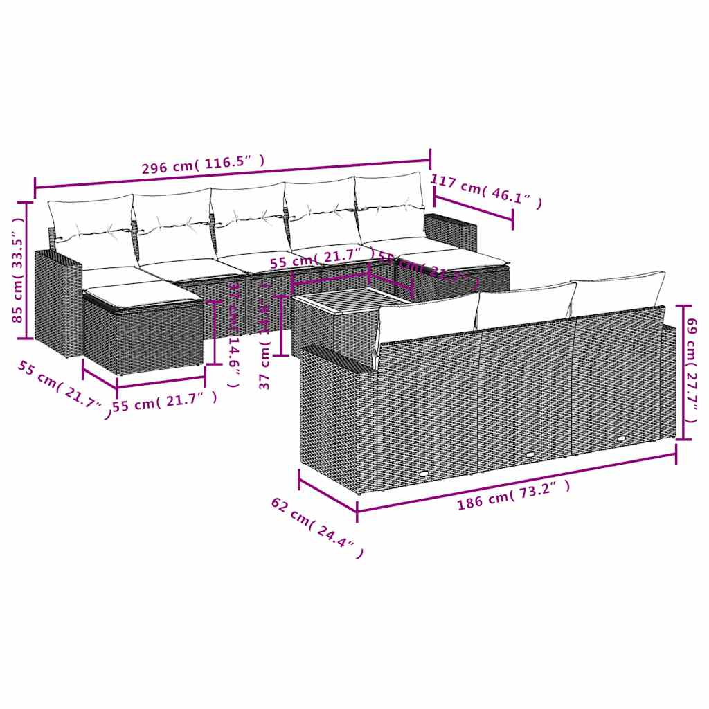 vidaXL 11-delige tuinbankset met kussens, grijs polyrotan