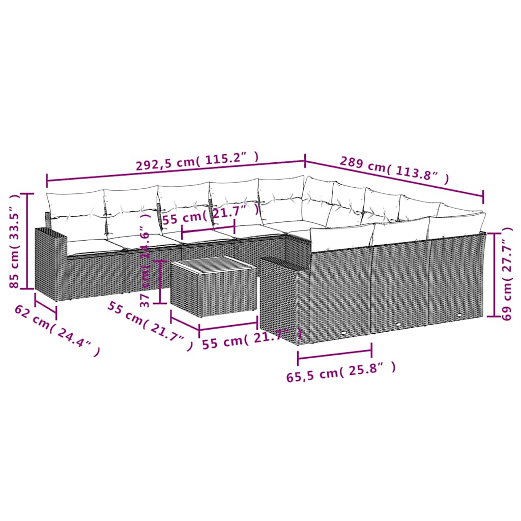 vidaXL 12-delige Loungeset met kussens poly rattan grijs