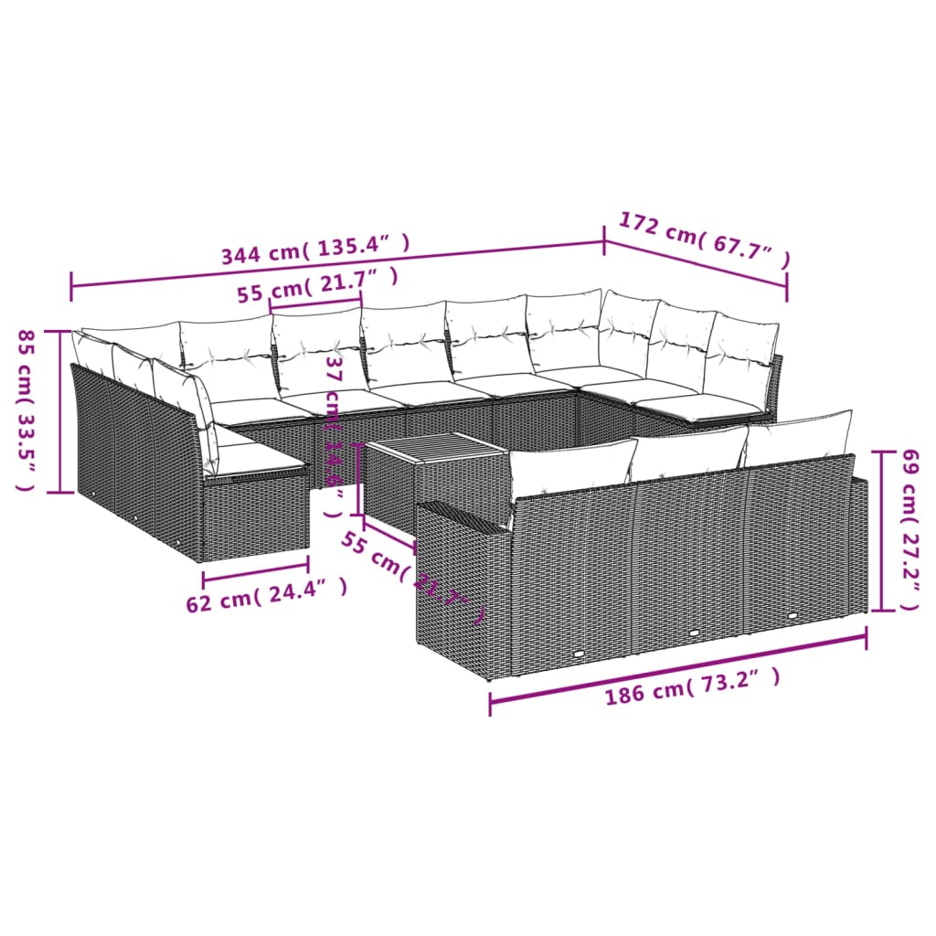 vidaXL 14-piece Lounge Set with Cushions Poly Rattan Black