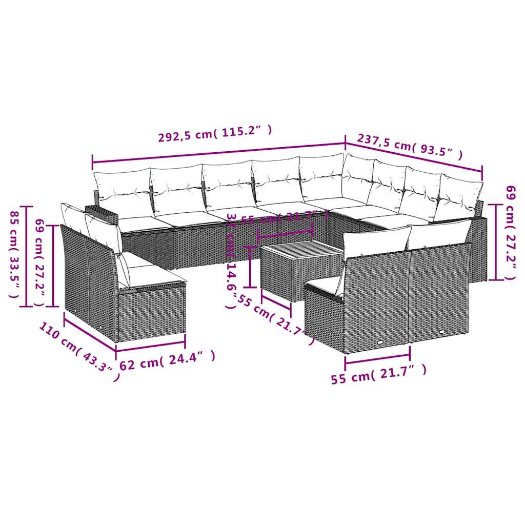 vidaXL 13-delige Loungeset met kussens poly rattan zwart