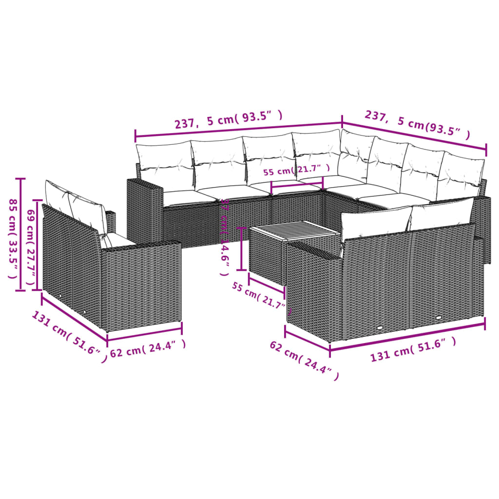 vidaXL 12-delige Loungeset met kussens poly rattan zwart