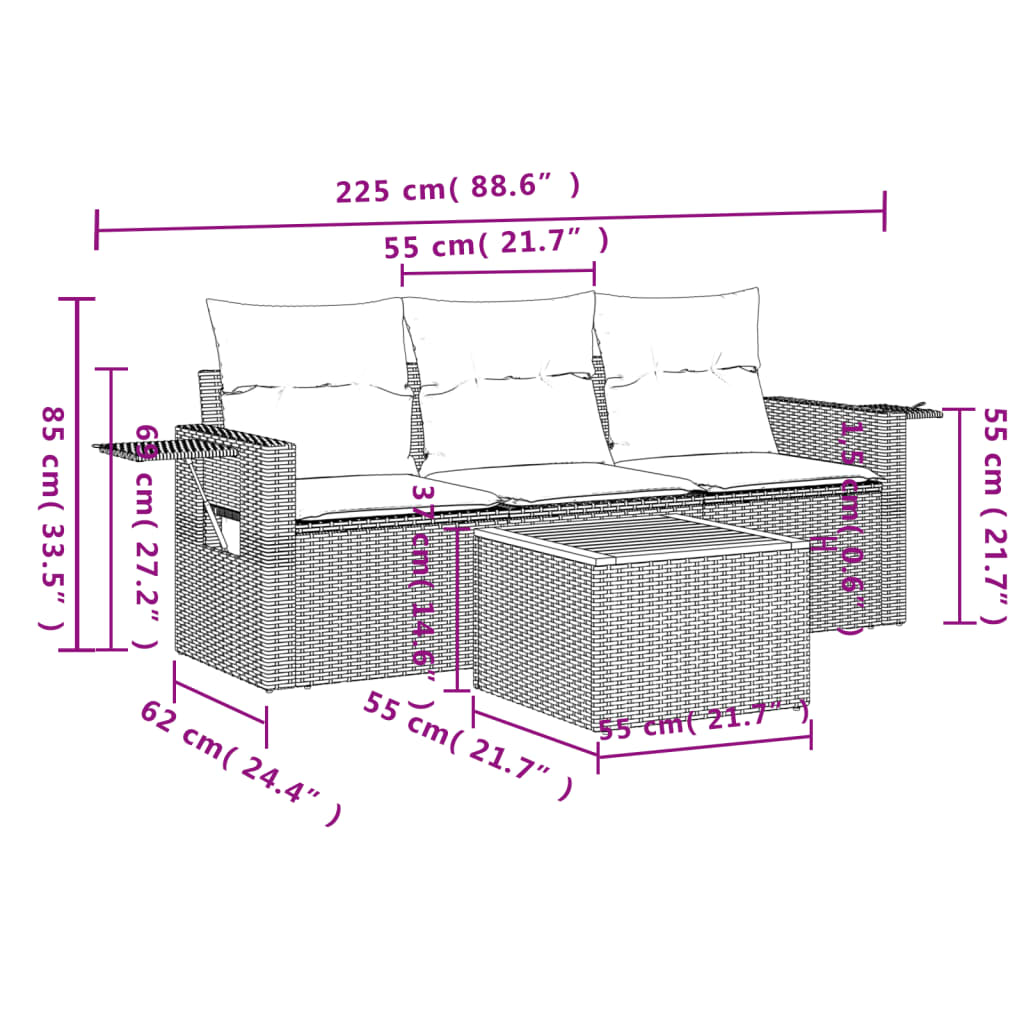 vidaXL 4-delige Loungeset met kussens poly rattan zwart