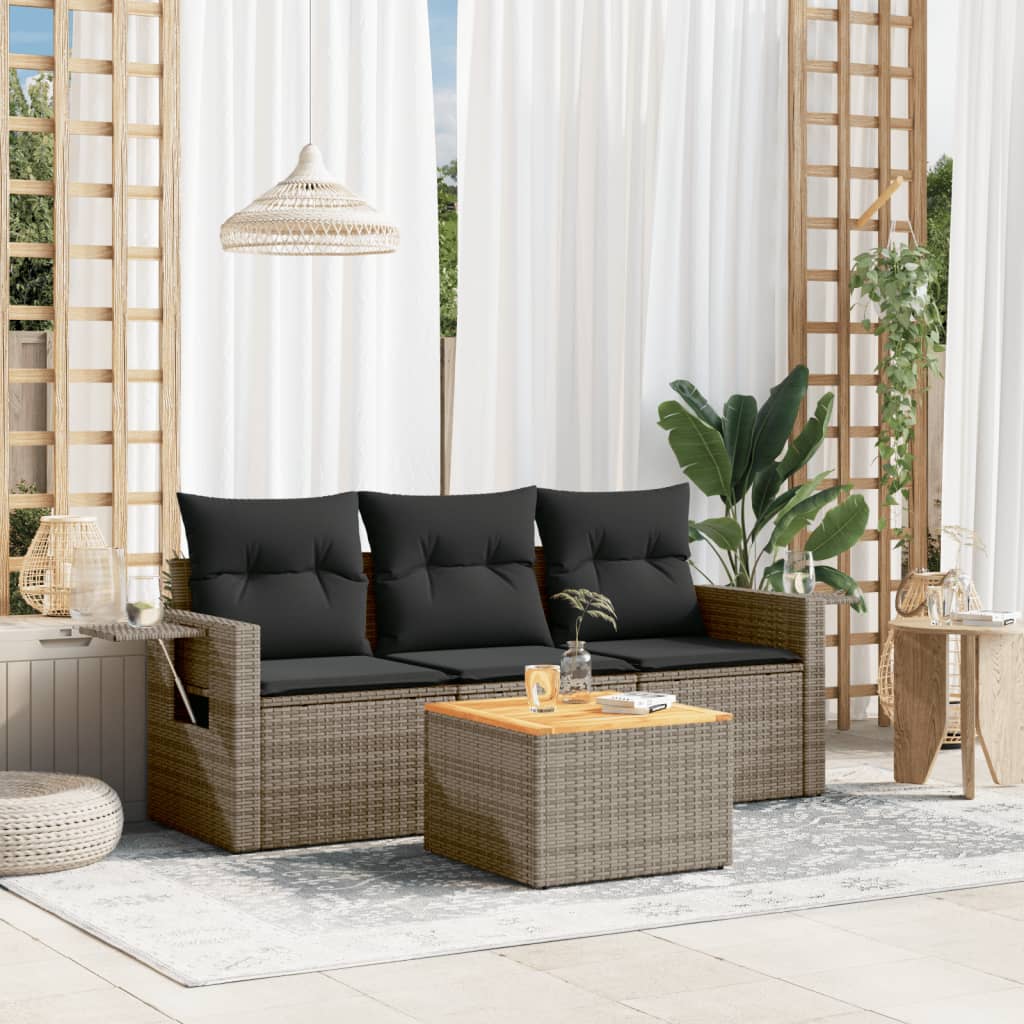 vidaXL 4-delige Loungeset met kussens poly rattan zwart