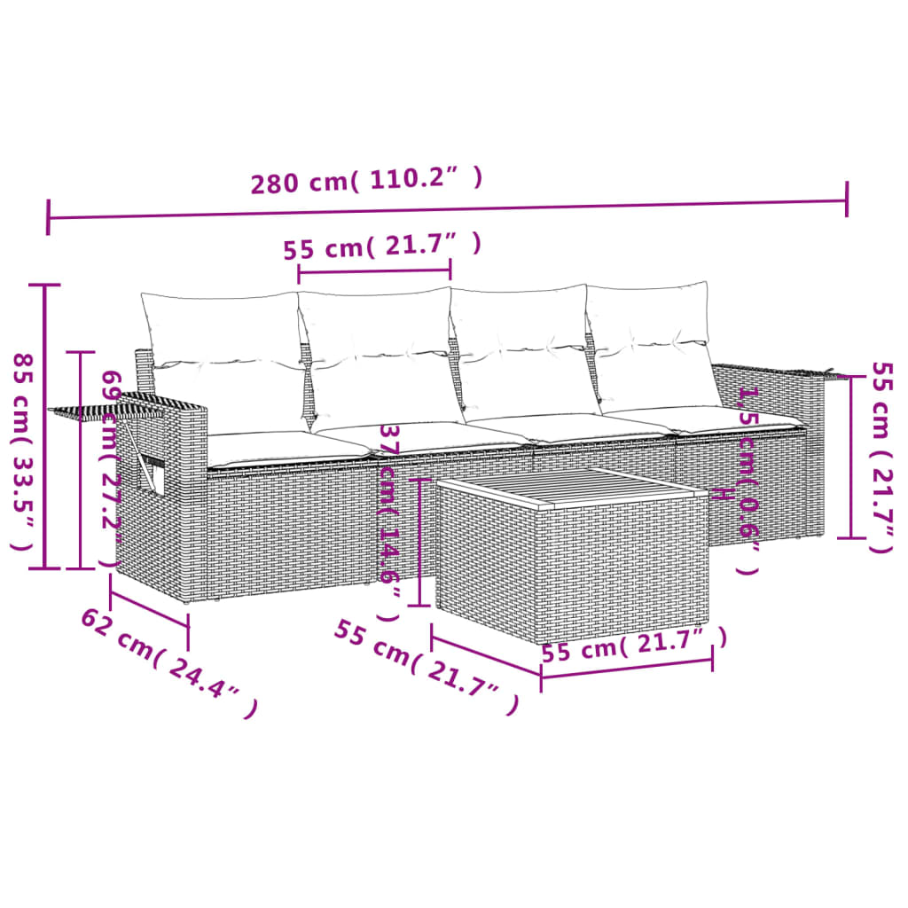 vidaXL 5-delige Loungeset met kussens poly rattan zwart
