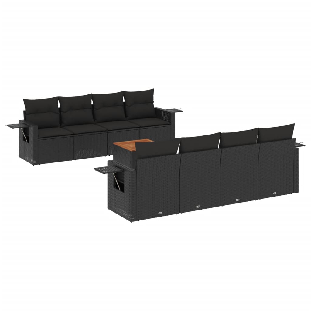 vidaXL 9-delige Loungeset met kussens poly rattan zwart