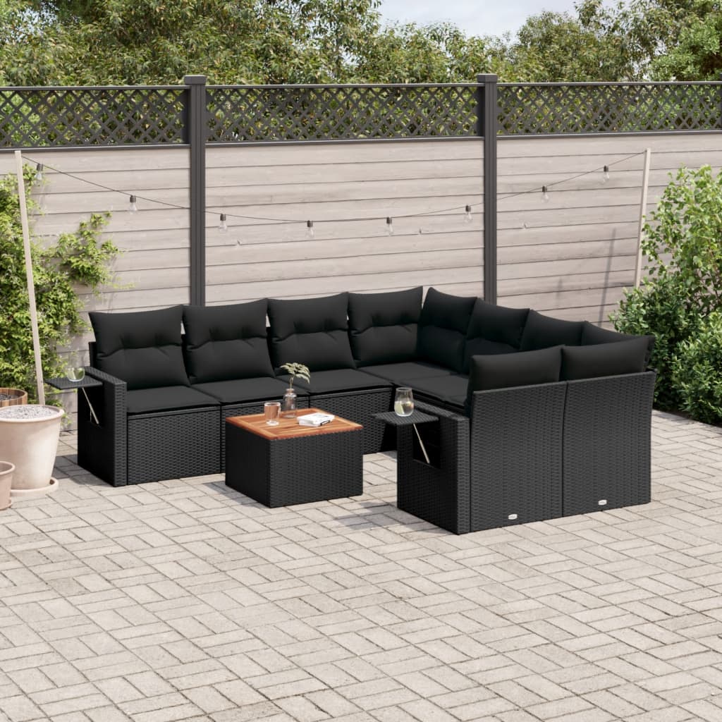 vidaXL 9-piece Lounge Set with cushions poly rattan black
