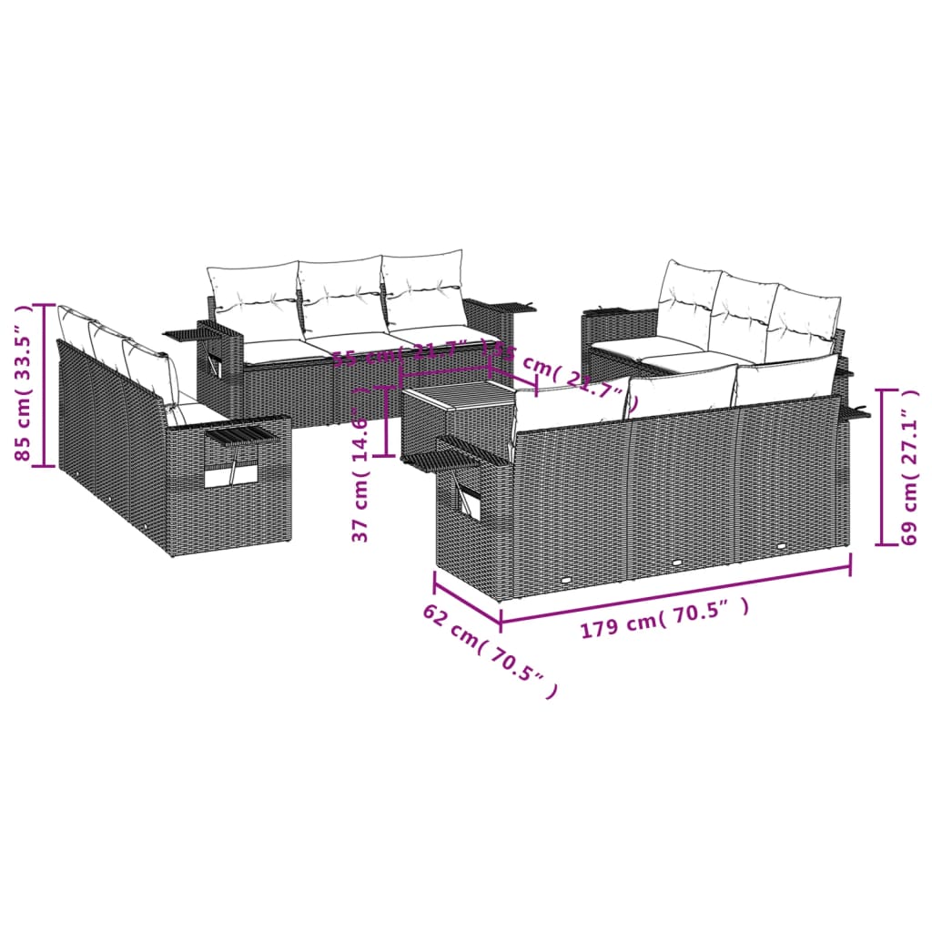 vidaXL 13-delige Loungeset met kussens poly rattan zwart
