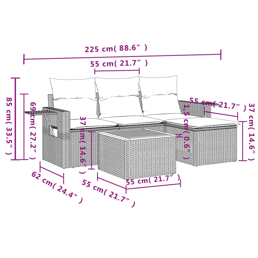 vidaXL 5-delige Loungeset met kussens poly rattan zwart