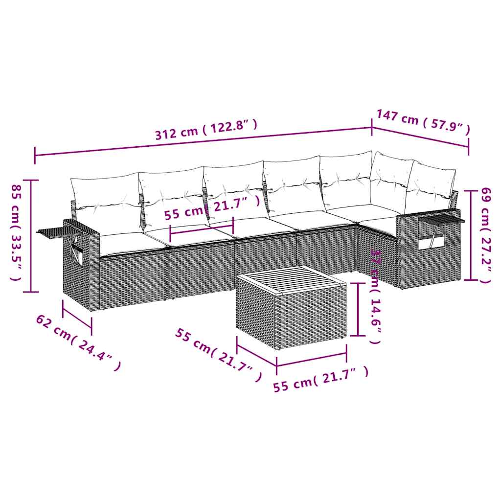 vidaXL 7-delige Loungeset met kussens poly rattan zwart