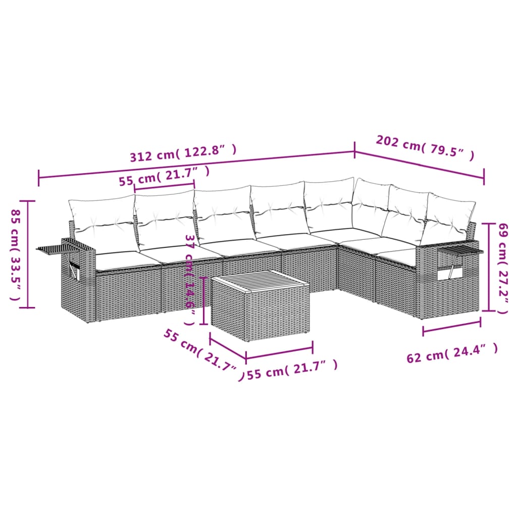 vidaXL 8-delige Loungeset met kussens poly rattan zwart