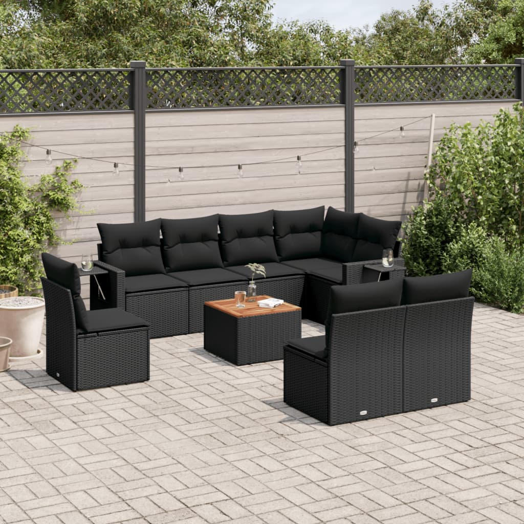 vidaXL 9-delige Loungeset met kussens poly rattan zwart