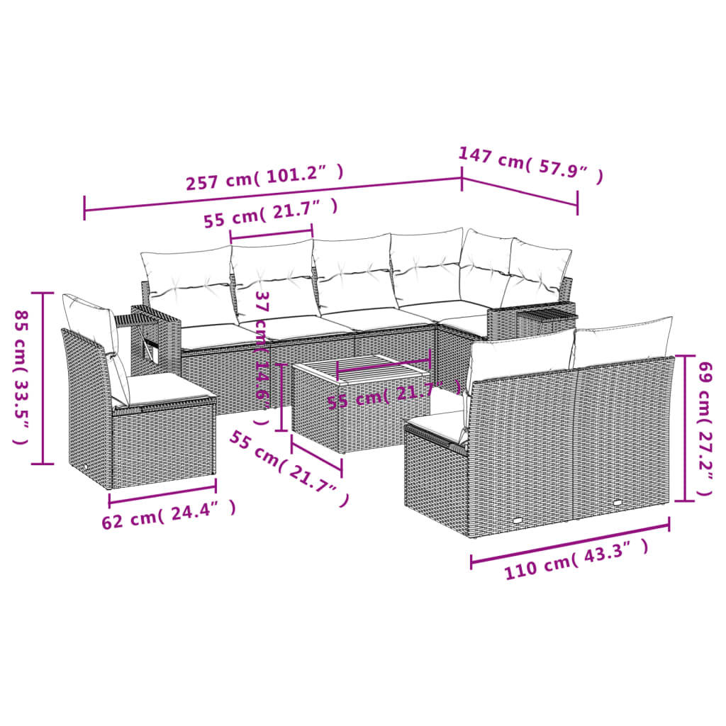 vidaXL 9-delige Loungeset met kussens poly rattan zwart