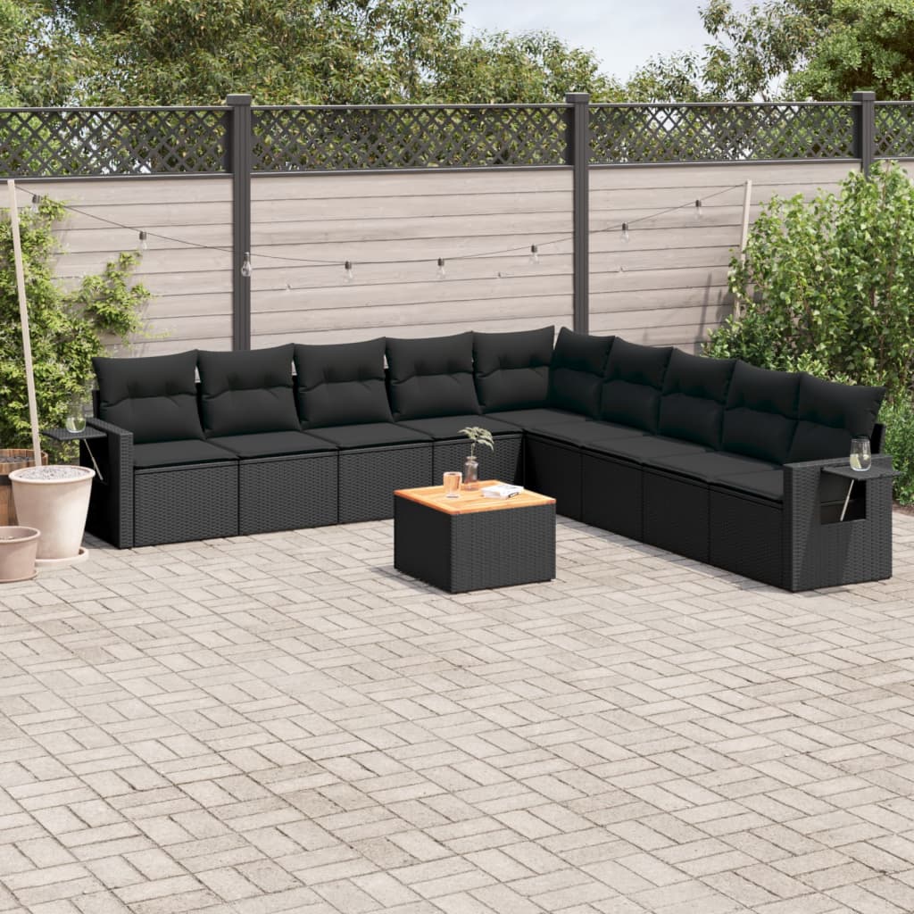 vidaXL 10-delige Loungeset met kussens poly rattan zwart