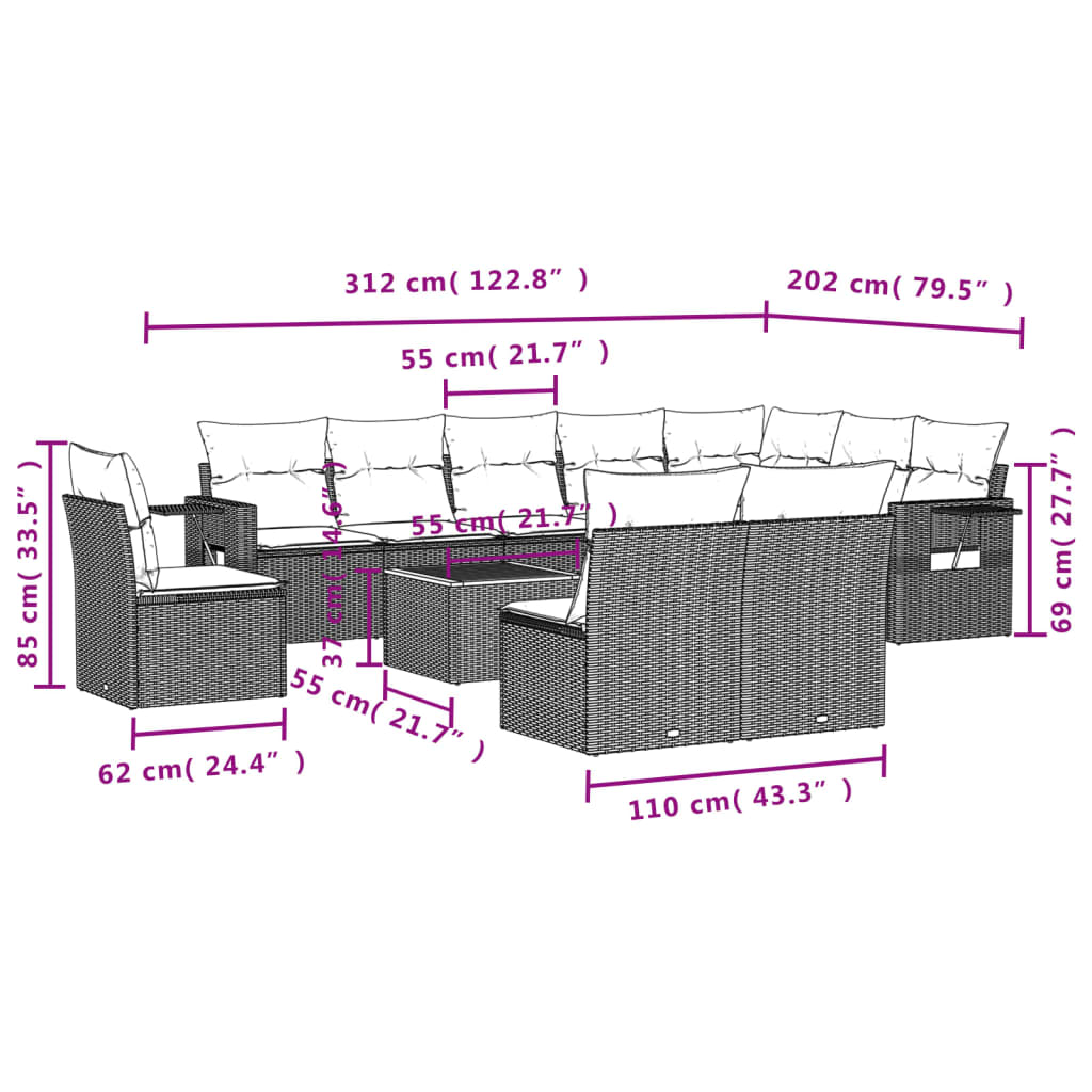 vidaXL 11-Piece Loungeset with Cushions Poly Rattan Black