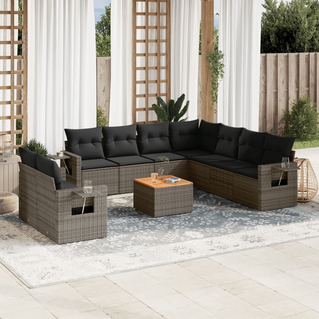 vidaXL 10-delige Loungeset met kussens poly rattan zwart