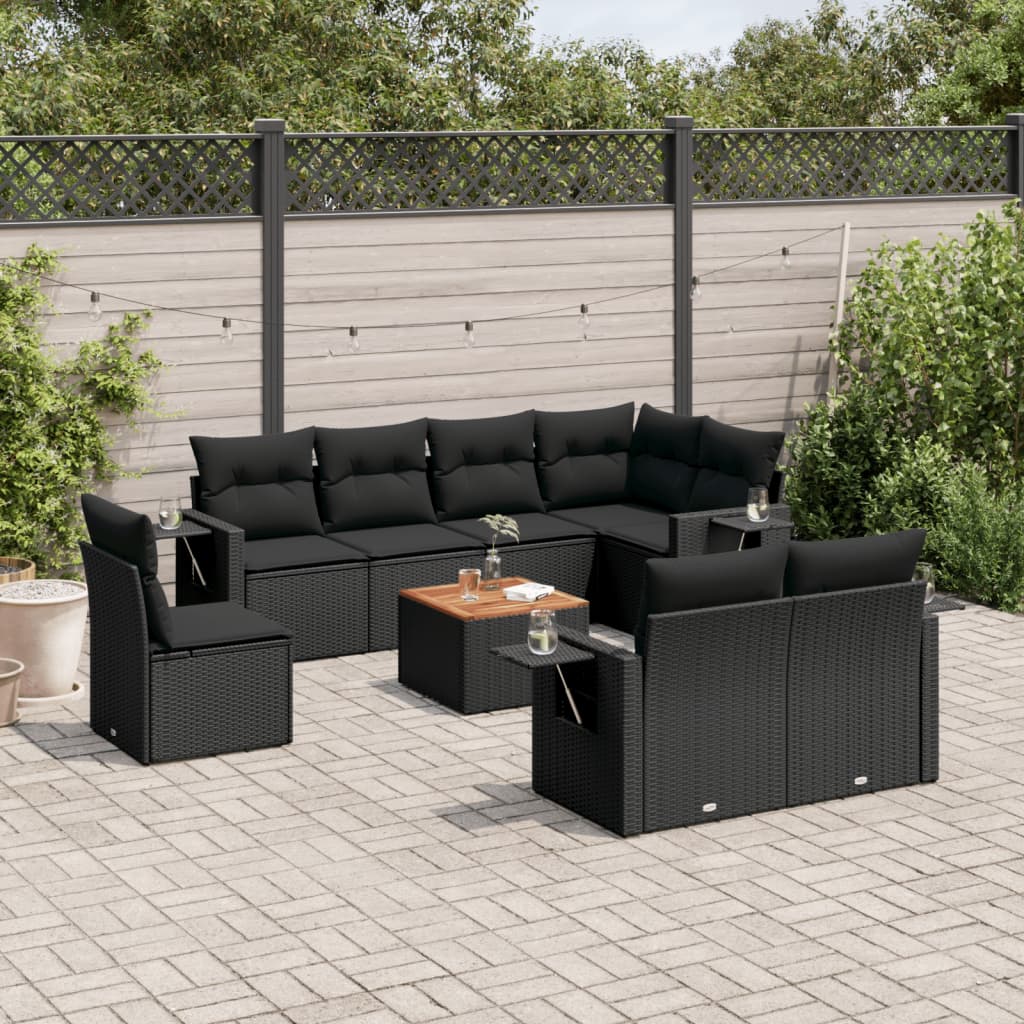 vidaXL 9-delige Loungeset met kussens poly rattan zwart