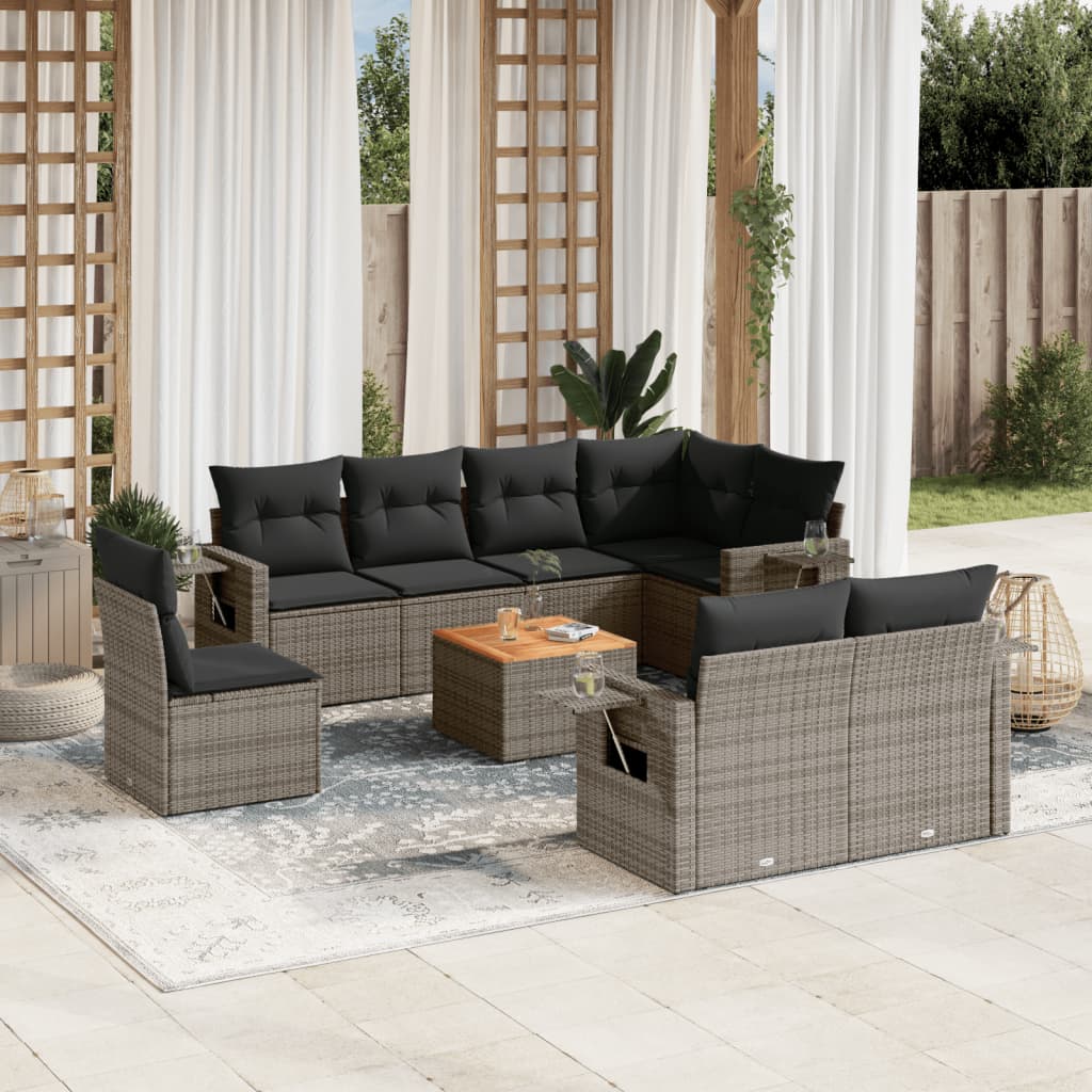 vidaXL 9-delige Loungeset met kussens poly rattan zwart