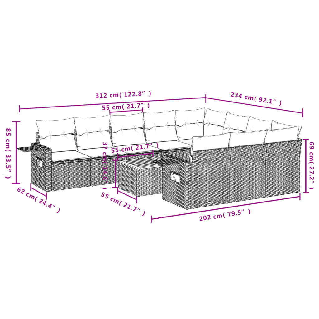 vidaXL 11-delige Loungeset met kussens poly rattan zwart