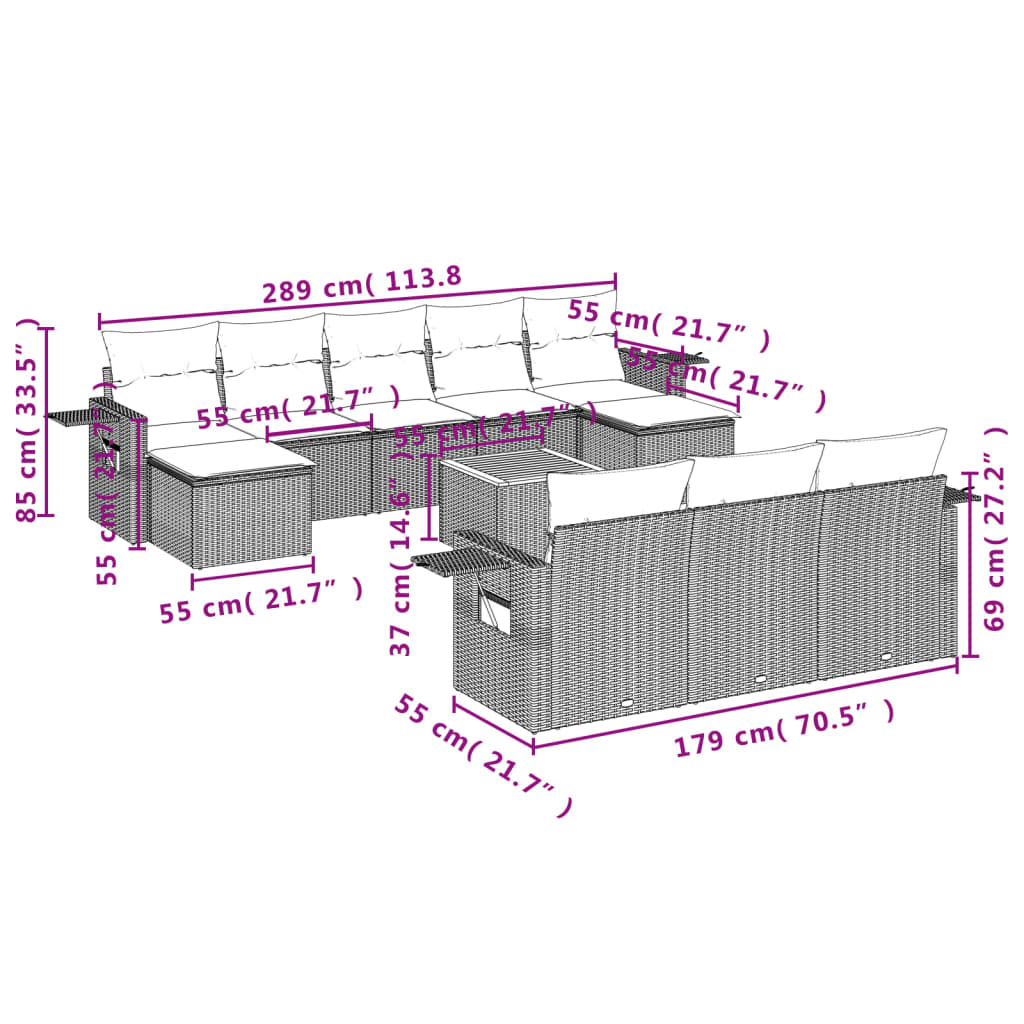 vidaXL 11-delige Loungeset met kussens poly rattan zwart