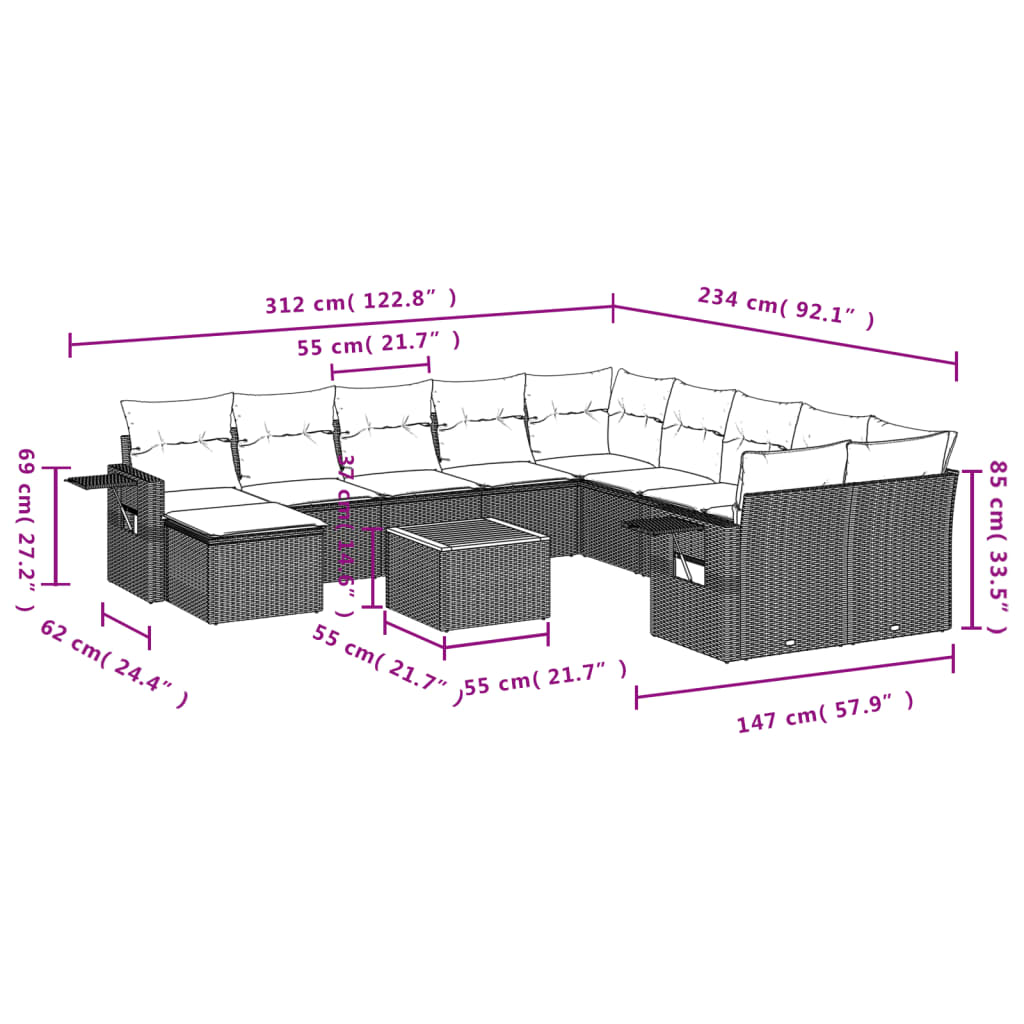 vidaXL 12-delige Loungeset met kussens poly rattan zwart