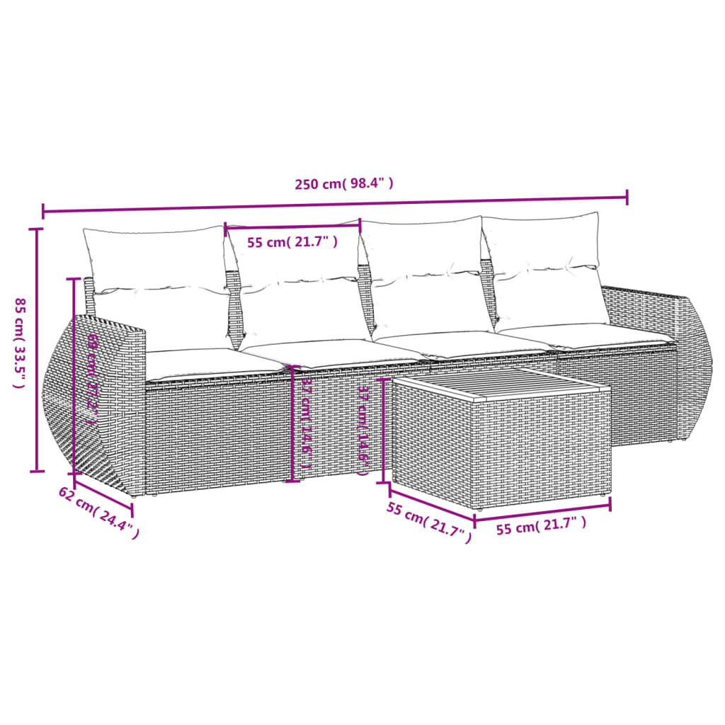 vidaXL 5-delige Loungeset met kussens poly rattan zwart