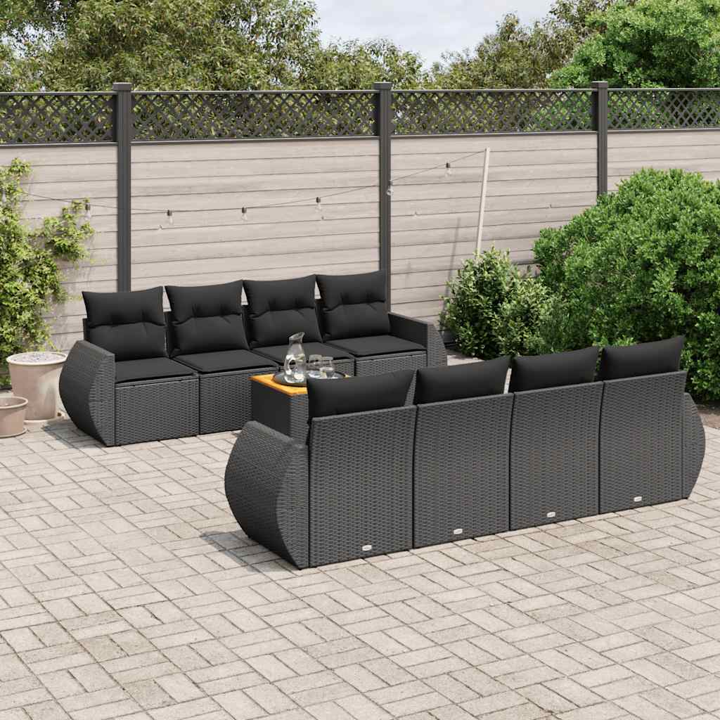 vidaXL 9-delige Loungeset met kussens poly rattan zwart
