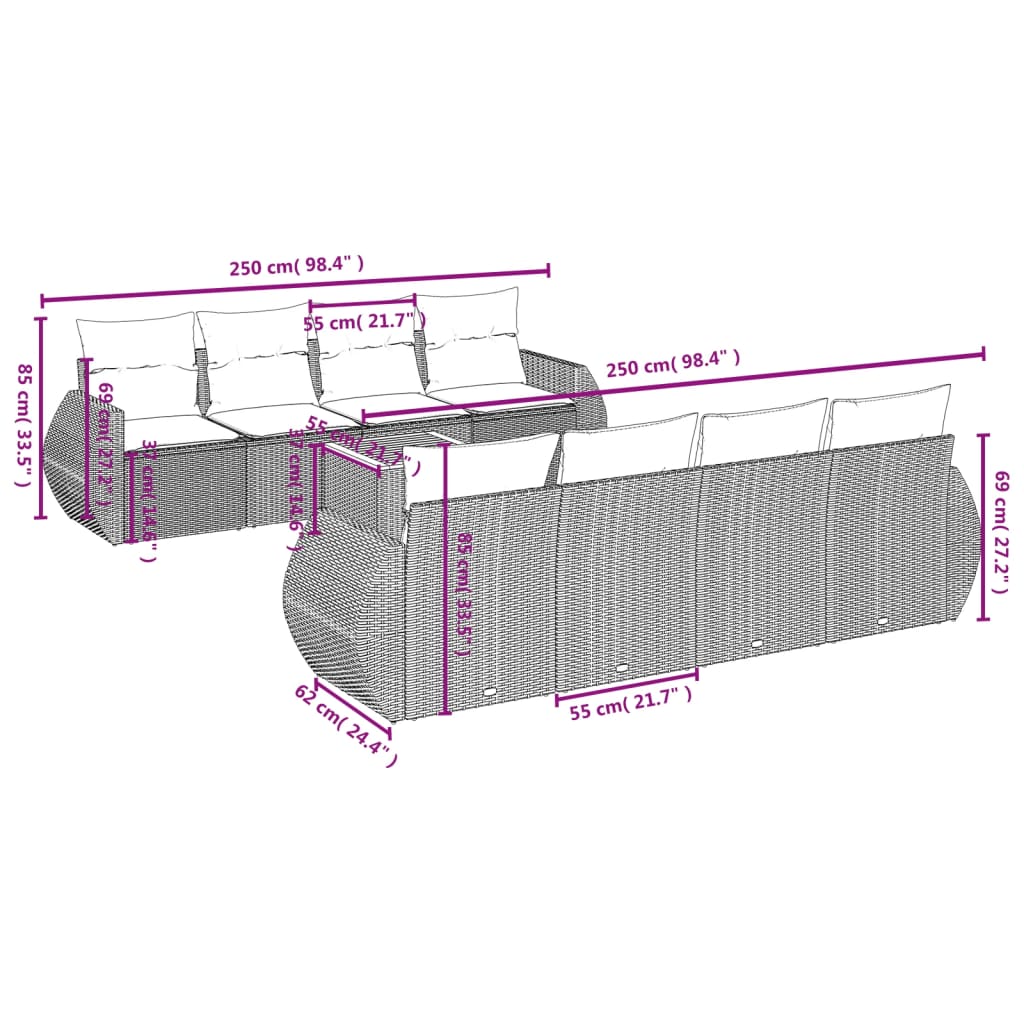 vidaXL 9-delige Loungeset met kussens poly rattan zwart