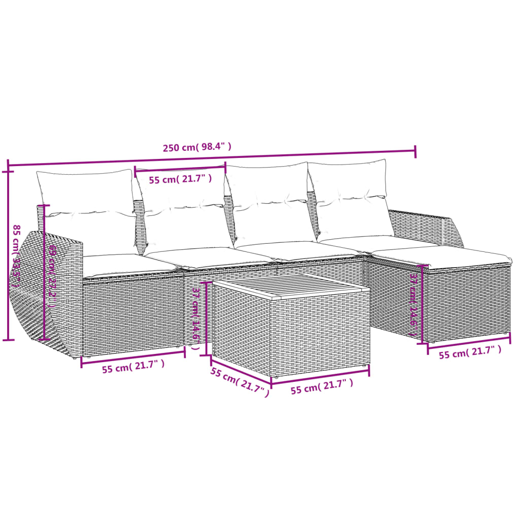vidaXL 6-delige Loungeset met kussens poly rattan zwart