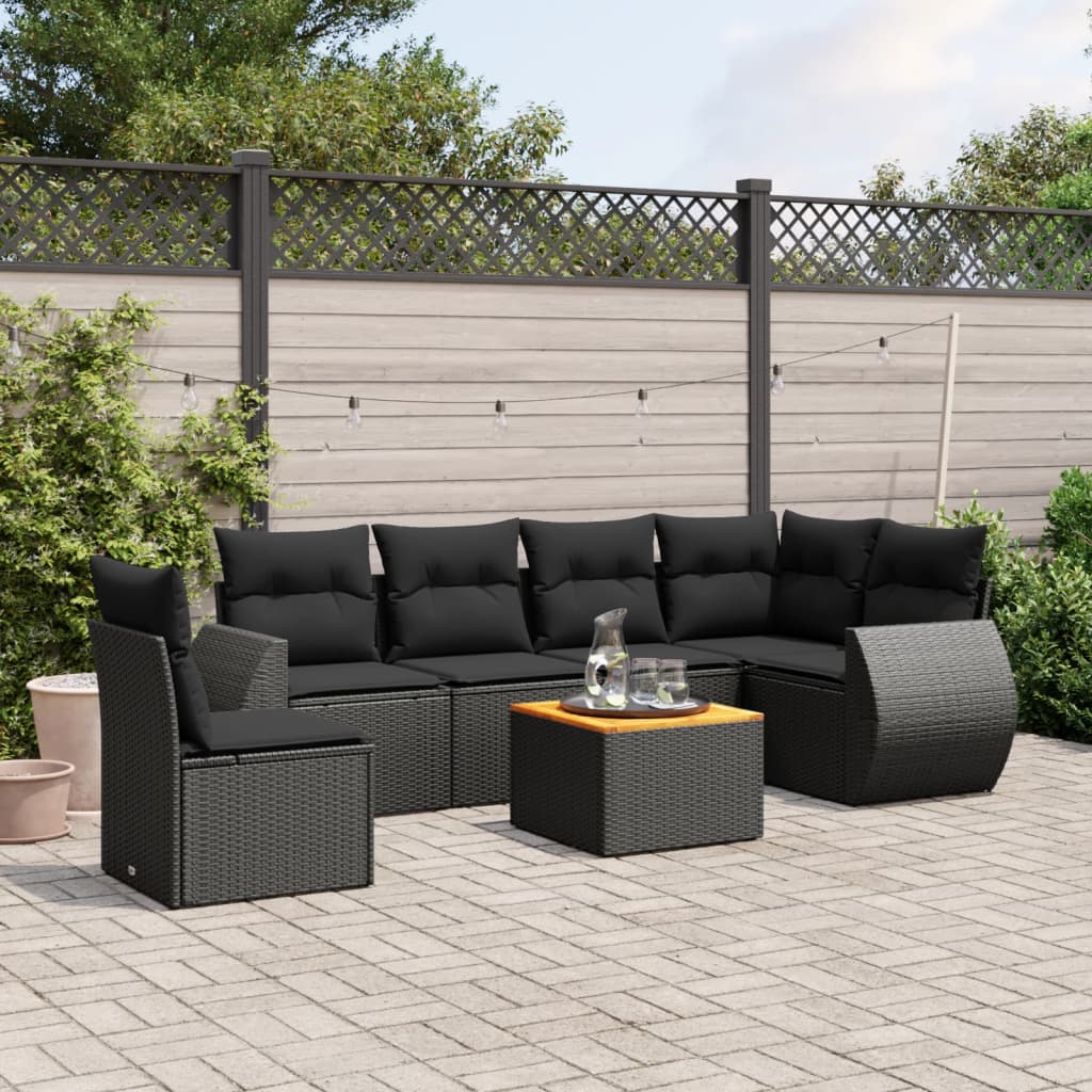 vidaXL 7-Piece Lounge Set with Cushions Poly Rattan Black