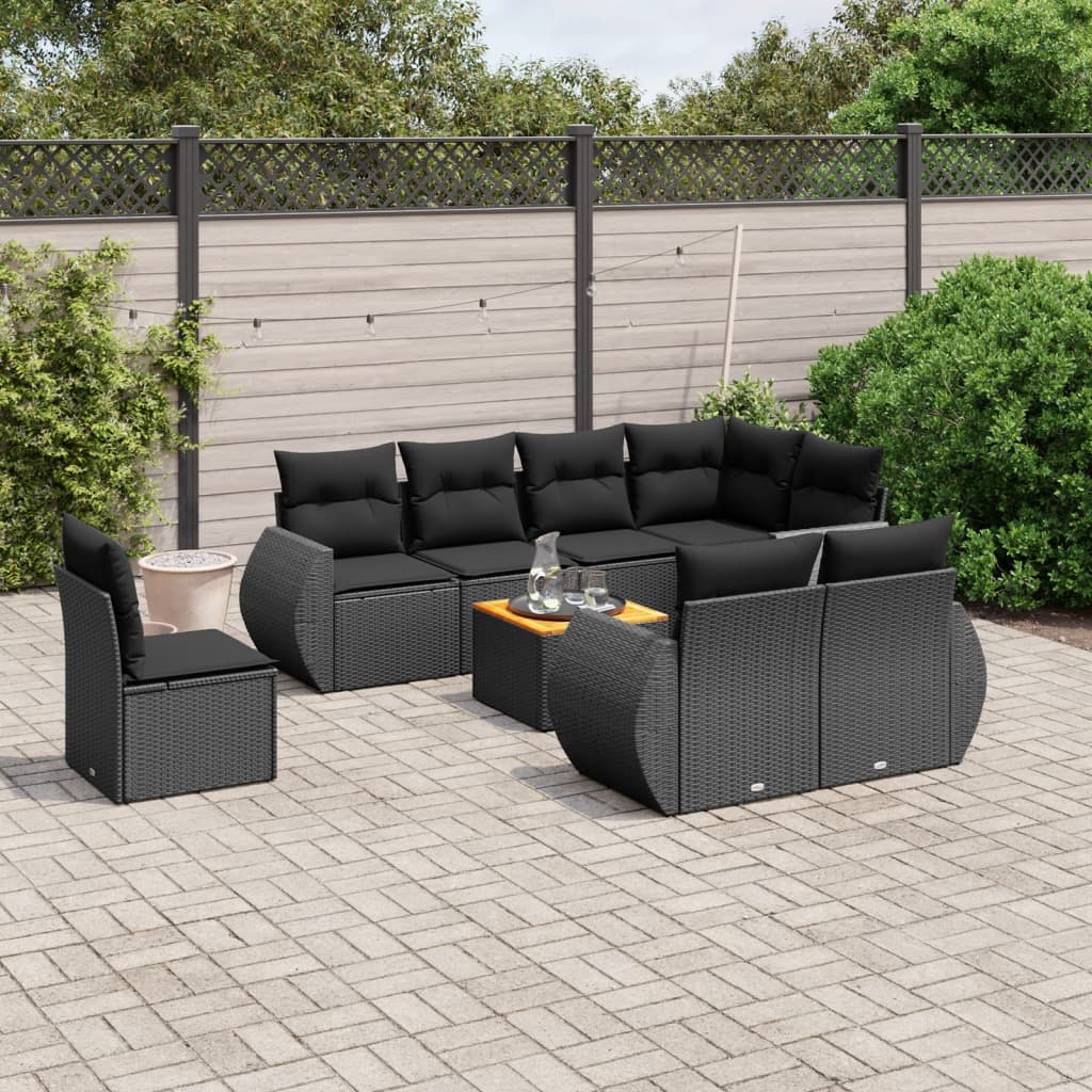 vidaXL 9-delige Loungeset met kussens poly rattan zwart