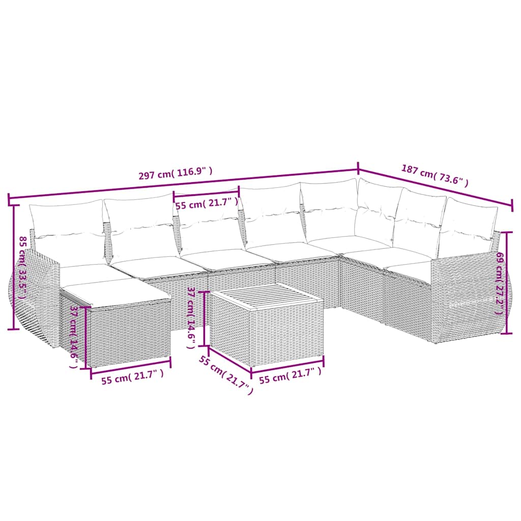 vidaXL 9-piece Poly Rattan Lounge Set with Cushions Black