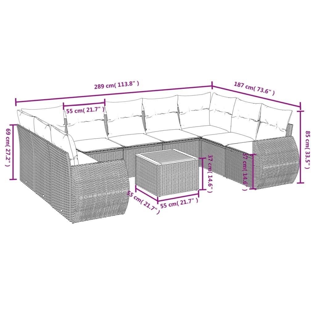 vidaXL 10-Piece Lounge Set with Cushions Poly Rattan Black