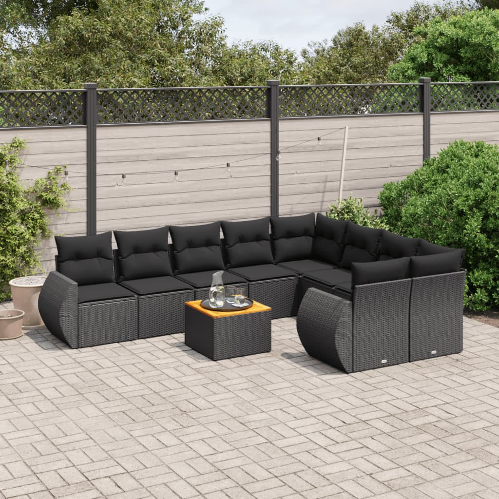 vidaXL 10-Piece Lounge Set with Cushions Poly Rattan Black