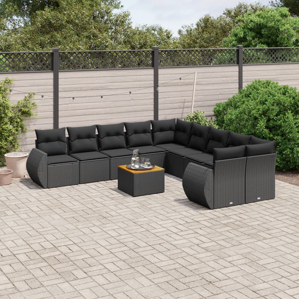 vidaXL 11-Piece Lounge Set with Cushions Poly Rattan Black