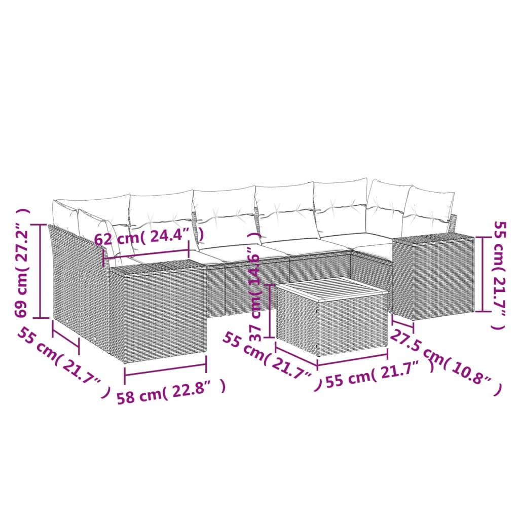 vidaXL 8-delige Loungeset met kussens poly rattan zwart