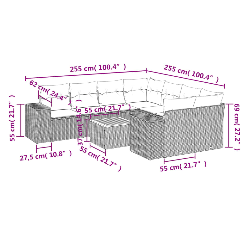 vidaXL 9-delige Loungeset met kussens poly rattan zwart