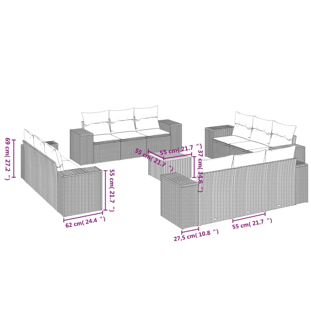 vidaXL 13-Piece Poly Rattan Lounge Set with Cushions Black