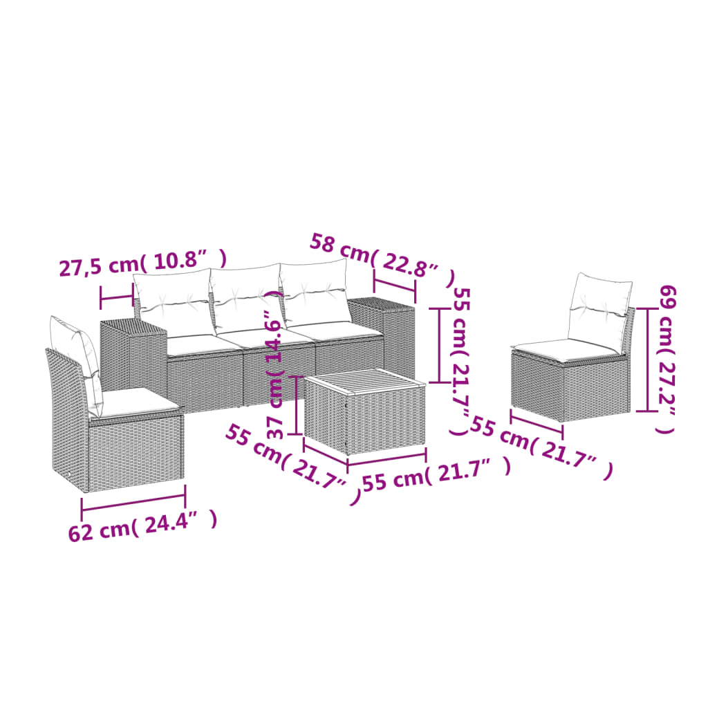 vidaXL 6-delige Loungeset met kussens poly rattan zwart