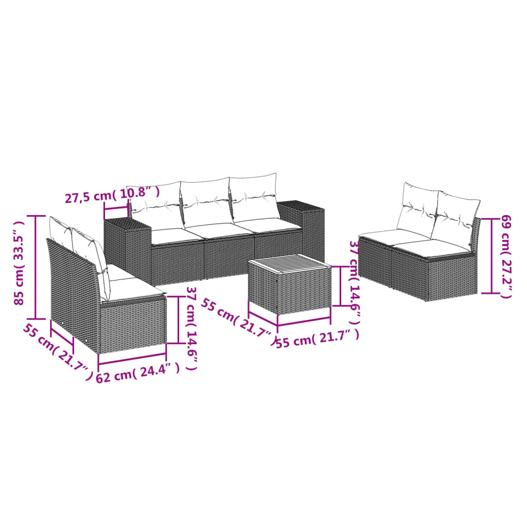 vidaXL 8-Piece Poly Rattan Lounge Set with Cushions Black