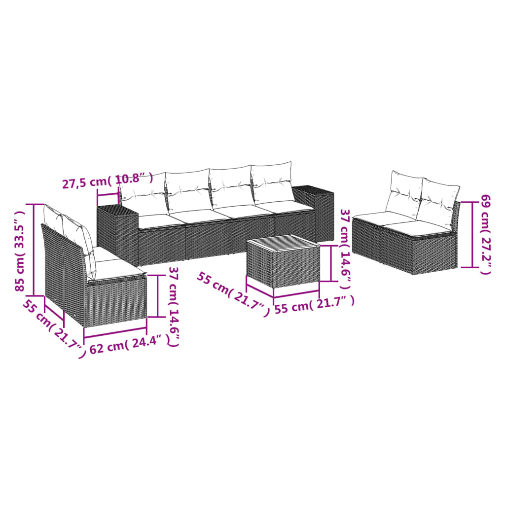 vidaXL 9-delige Loungeset met kussens poly rattan zwart