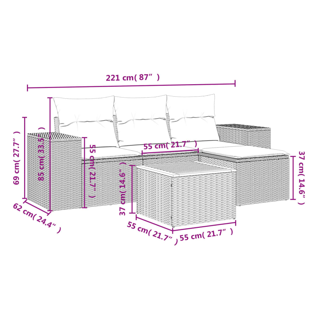 vidaXL 5-delige Loungeset met kussens poly rattan zwart