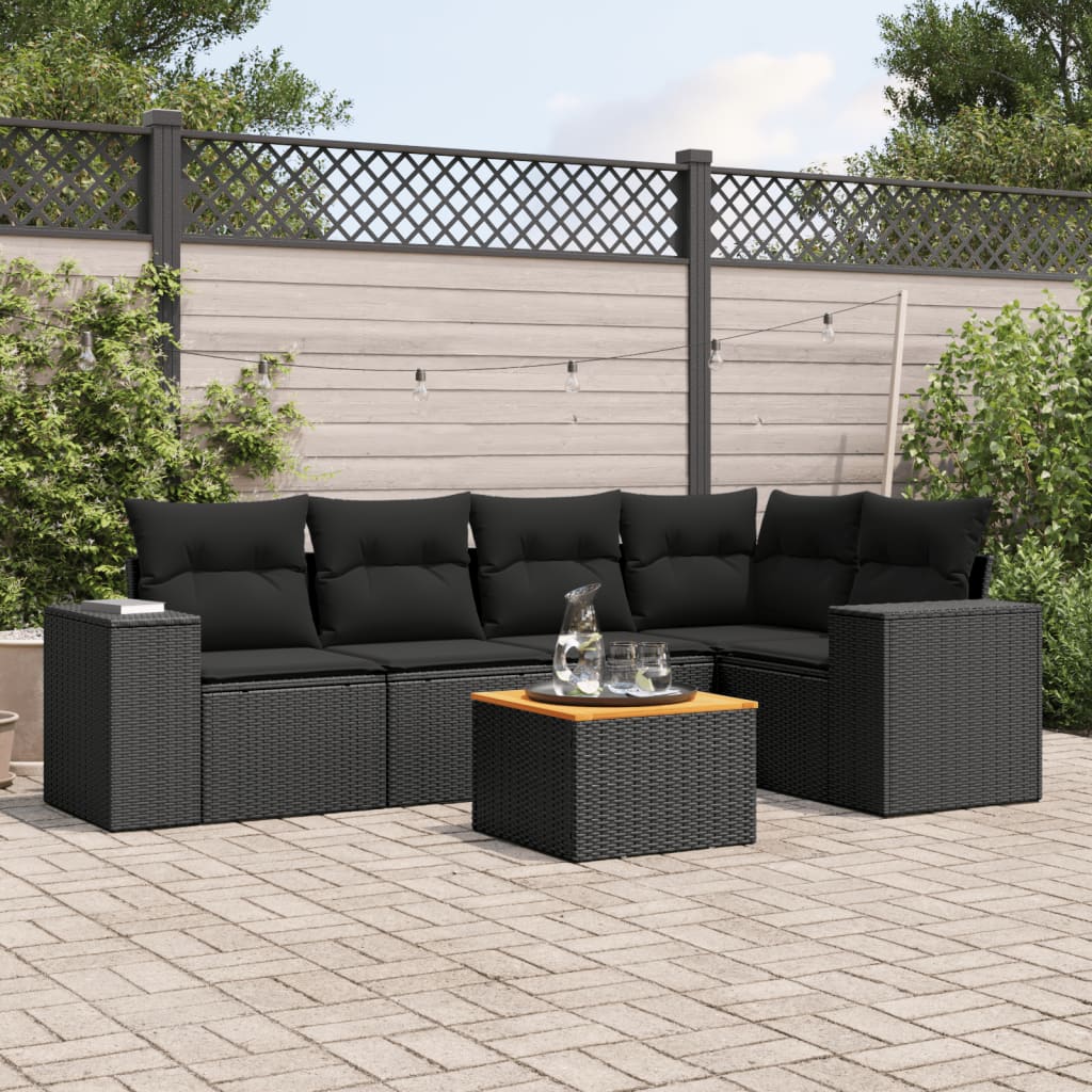 vidaXL 6-delige Loungeset met kussens poly rattan zwart